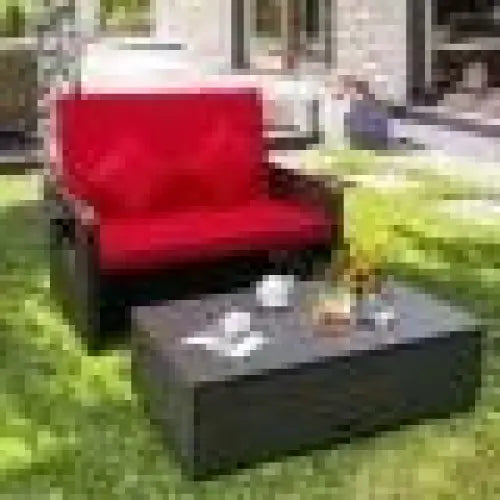 Patio Rattan Daybed with 4Level Adjustable Backrest and Retractable Side Tray - Red - Oasis Home Essentials