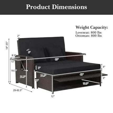 Patio Rattan Daybed with 4Level Adjustable Backrest and Retractable Side Tray - Black - Oasis Home Essentials