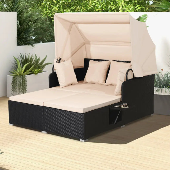 Patio Rattan Daybed with Retractable Canopy and Side Tables-Beige - Beige - Outdoor Sectionals