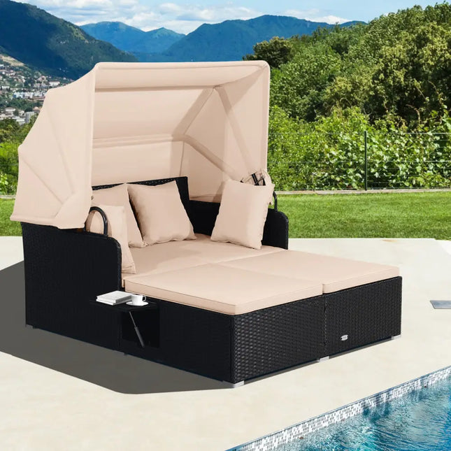 Patio Rattan Daybed with Retractable Canopy and Side Tables-Beige - Beige - Outdoor Sectionals