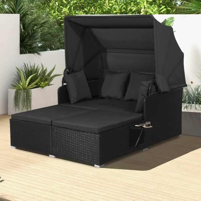 Patio Rattan Daybed with Retractable Canopy and Side Tables-Black - Black - Outdoor Sectionals