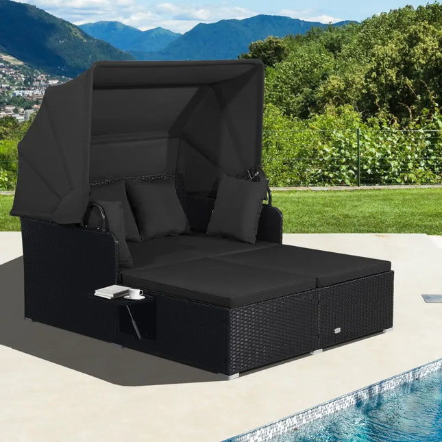 Patio Rattan Daybed with Retractable Canopy and Side Tables-Black - Black - Outdoor Sectionals