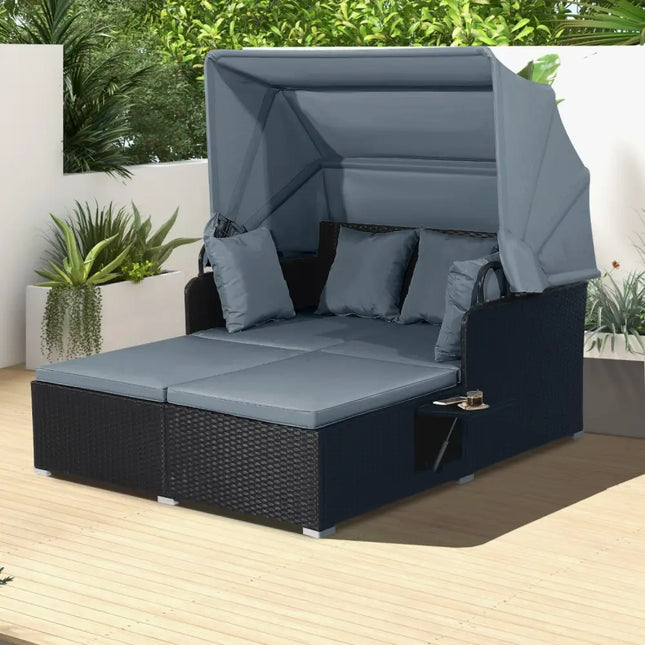 Patio Rattan Daybed with Retractable Canopy and Side Tables-Gray - Gray - Outdoor Sectionals