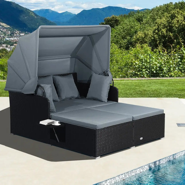 Patio Rattan Daybed with Retractable Canopy and Side Tables-Gray - Gray - Outdoor Sectionals