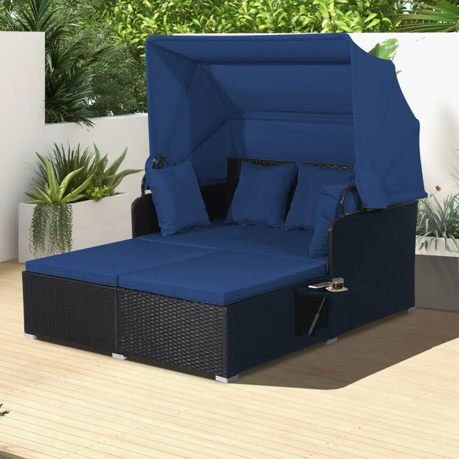 Patio Rattan Daybed with Retractable Canopy and Side Tables-Navy - Navy - Outdoor Sectionals