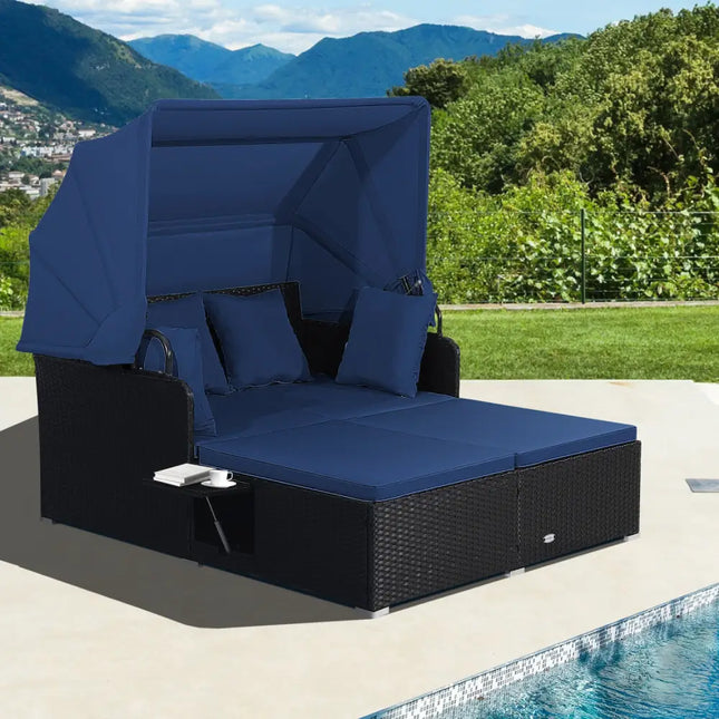 Patio Rattan Daybed with Retractable Canopy and Side Tables-Navy - Navy - Outdoor Sectionals