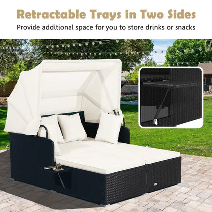 Patio Rattan Daybed with Retractable Canopy and Side Tables-Off White - Off White - Outdoor Sectionals