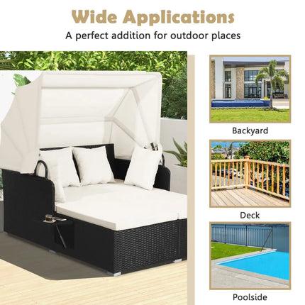 Patio Rattan Daybed with Retractable Canopy and Side Tables-Off White - Off White - Outdoor Sectionals