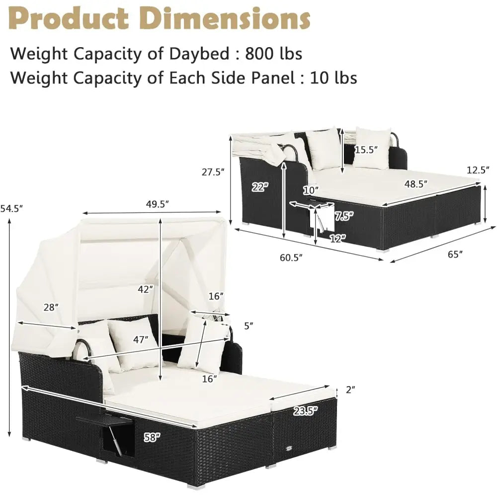Patio Rattan Daybed with Retractable Canopy and Side Tables-Off White - Off White - Outdoor Sectionals