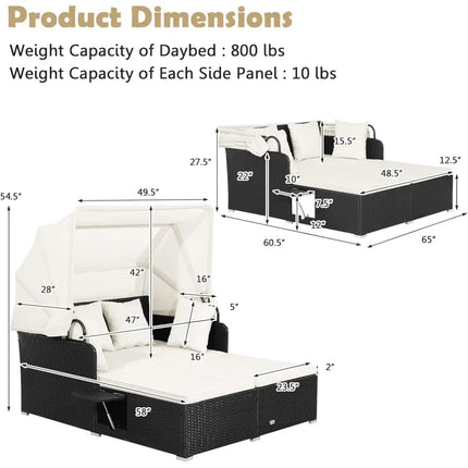 Patio Rattan Daybed with Retractable Canopy and Side Tables-Off White - Off White - Outdoor Sectionals