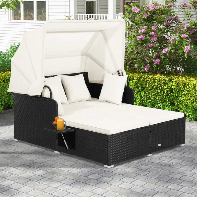 Patio Rattan Daybed with Retractable Canopy and Side Tables-Off White - Off White - Outdoor Sectionals
