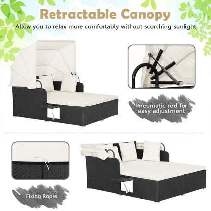 Patio Rattan Daybed with Retractable Canopy and Side Tables-Off White - Off White - Outdoor Sectionals