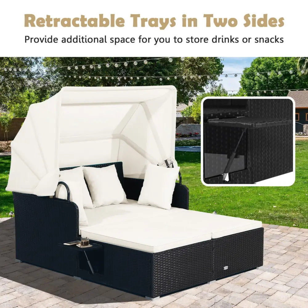 Patio Rattan Daybed with Retractable Canopy and Side Tables-Off White - Off White - Outdoor Sectionals