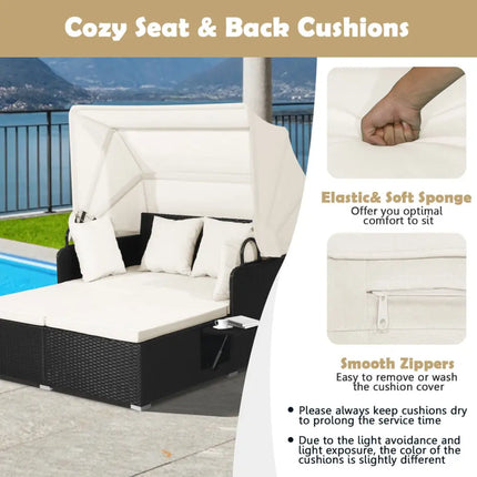 Patio Rattan Daybed with Retractable Canopy and Side Tables-Off White - Off White - Outdoor Sectionals