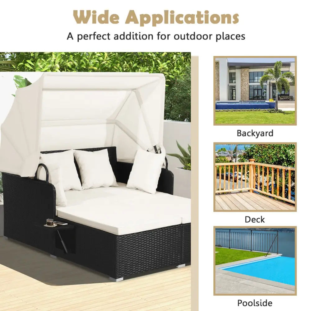 Patio Rattan Daybed with Retractable Canopy and Side Tables-Off White - Off White - Outdoor Sectionals