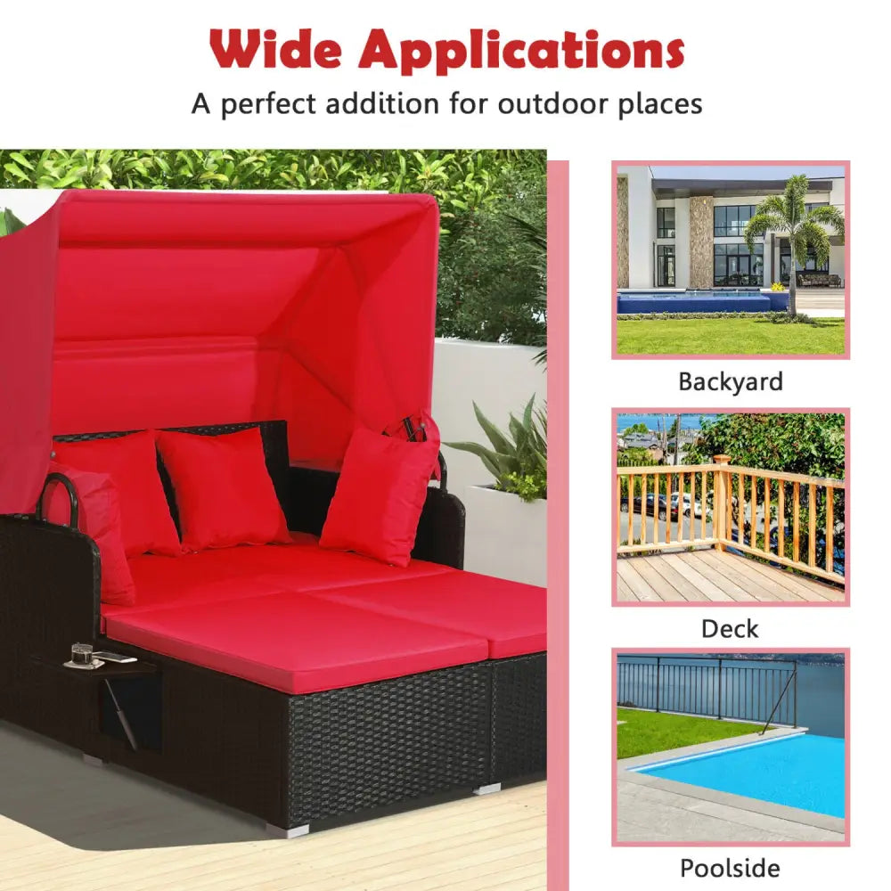 Patio Rattan Daybed with Retractable Canopy and Side Tables-Red - Red - Outdoor Sectionals