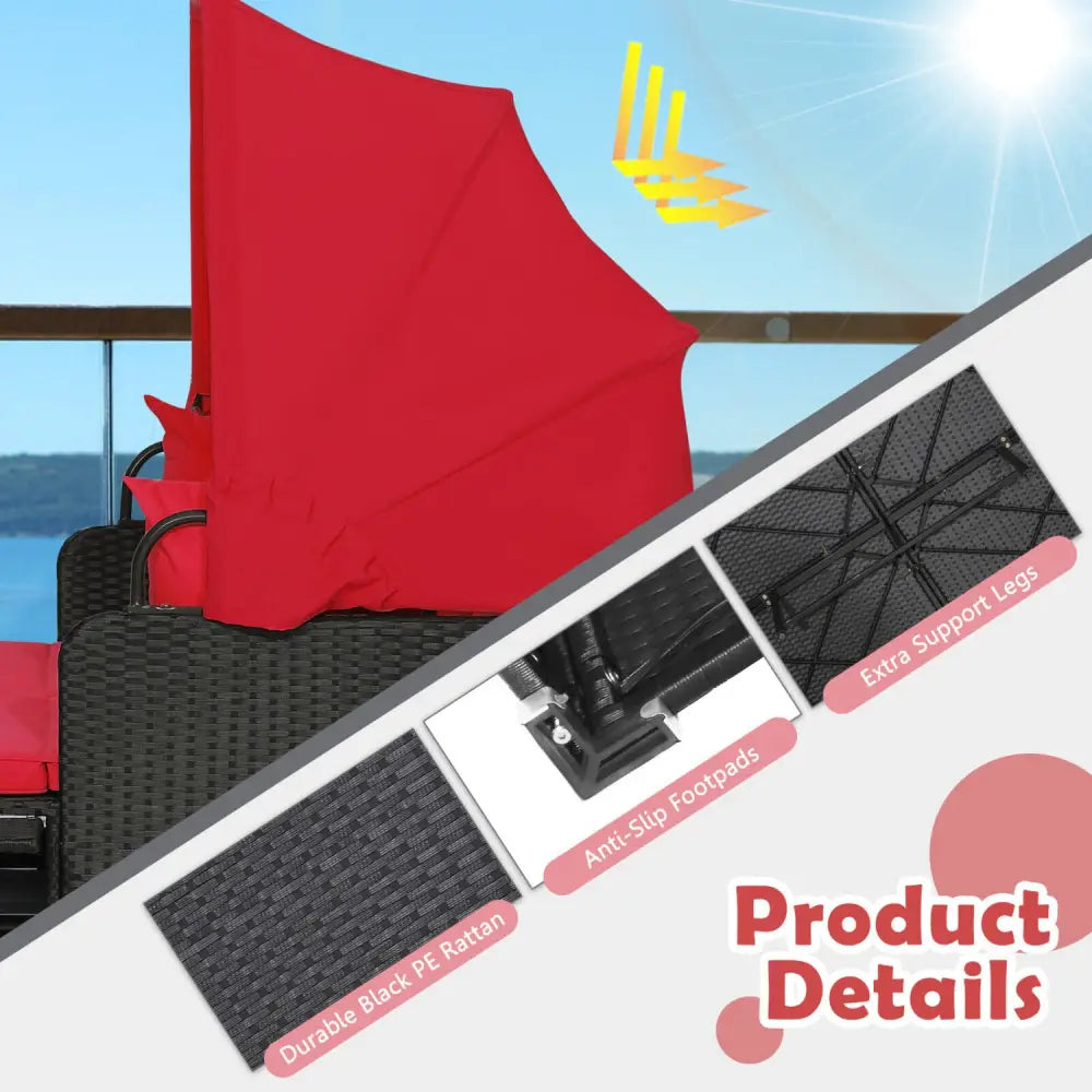 Patio Rattan Daybed with Retractable Canopy and Side Tables-Red - Red - Outdoor Sectionals