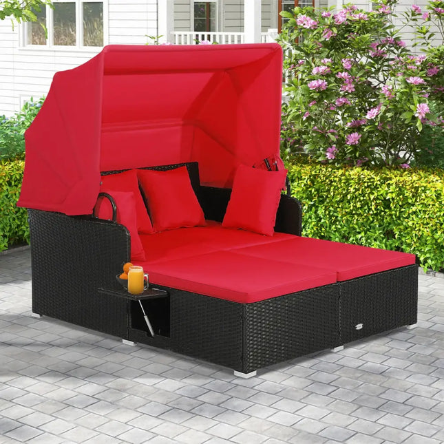 Patio Rattan Daybed with Retractable Canopy and Side Tables-Red - Red - Outdoor Sectionals