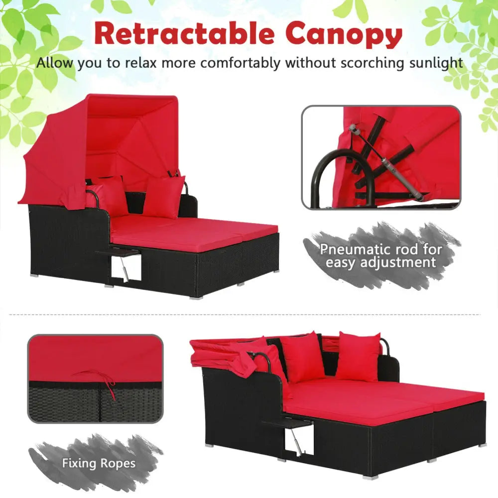 Patio Rattan Daybed with Retractable Canopy and Side Tables-Red - Red - Outdoor Sectionals