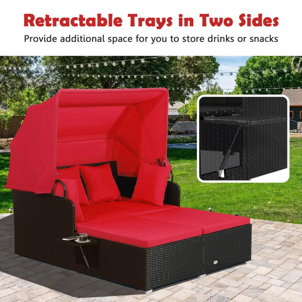 Patio Rattan Daybed with Retractable Canopy and Side Tables-Red - Red - Outdoor Sectionals