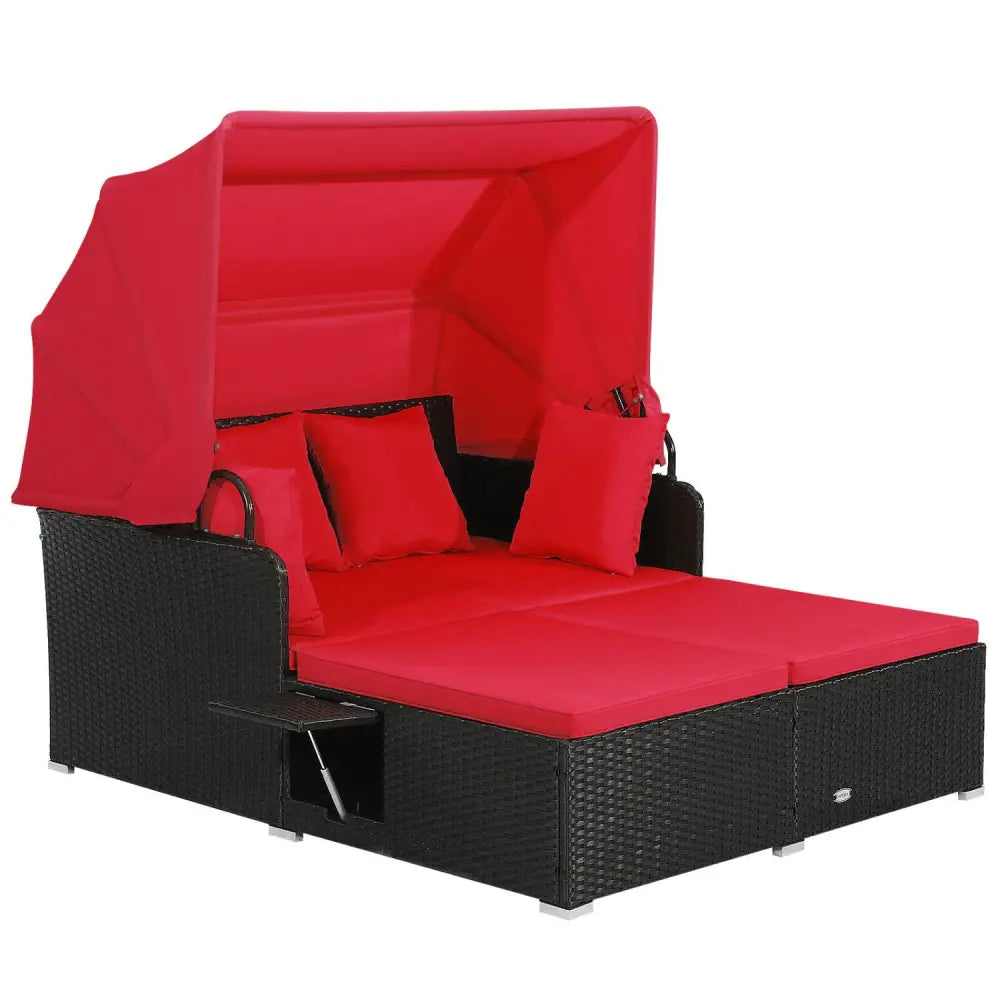 Patio Rattan Daybed with Retractable Canopy and Side Tables-Red - Red - Outdoor Sectionals