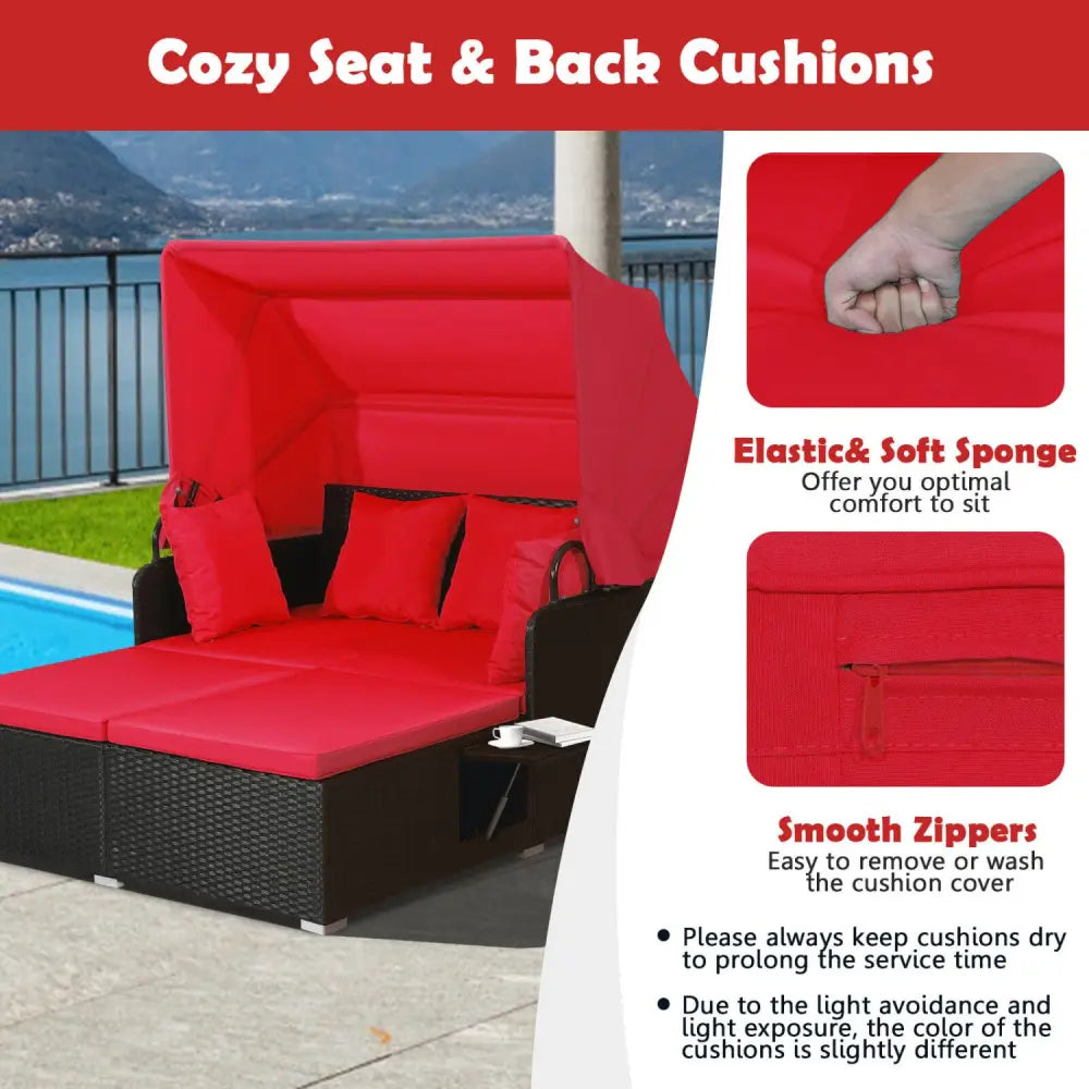 Patio Rattan Daybed with Retractable Canopy and Side Tables-Red - Red - Outdoor Sectionals