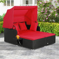 Patio Rattan Daybed with Retractable Canopy and Side Tables-Red - Red - Outdoor Sectionals
