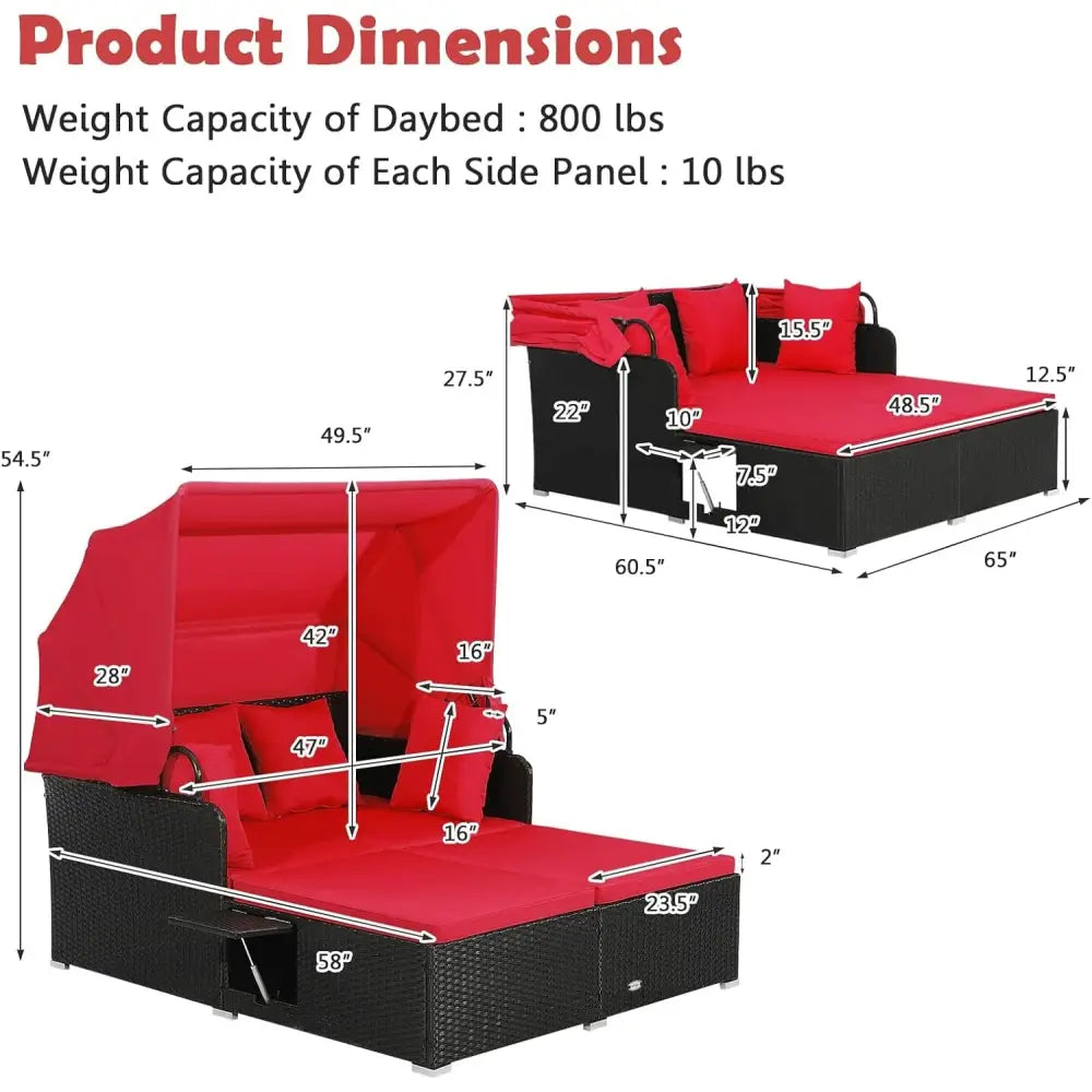 Patio Rattan Daybed with Retractable Canopy and Side Tables-Red - Red - Outdoor Sectionals