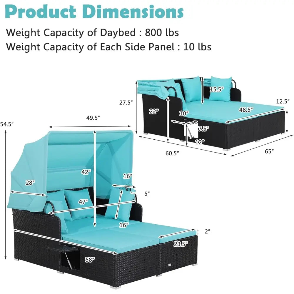 Patio Rattan Daybed with Retractable Canopy and Side Tables-Turquoise - Turquoise - Outdoor Sectionals