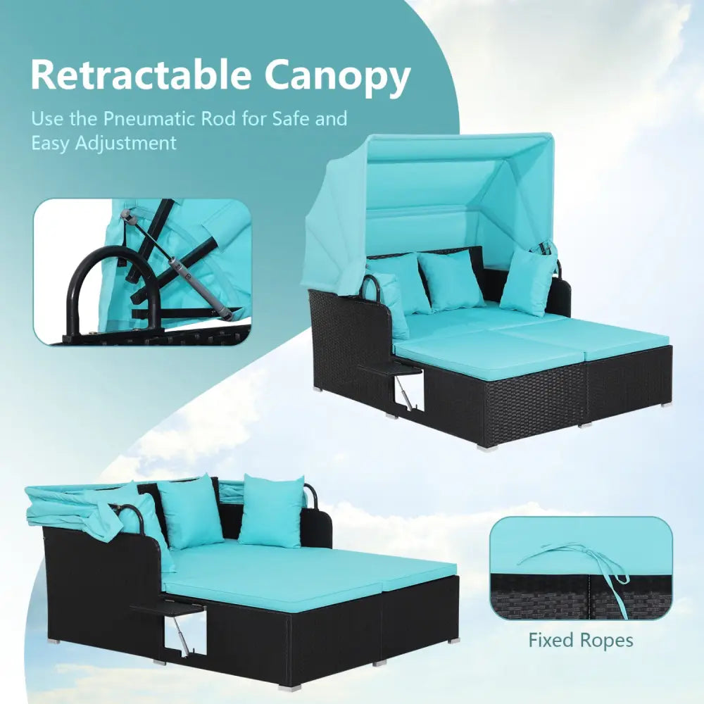 Patio Rattan Daybed with Retractable Canopy and Side Tables-Turquoise - Turquoise - Outdoor Sectionals