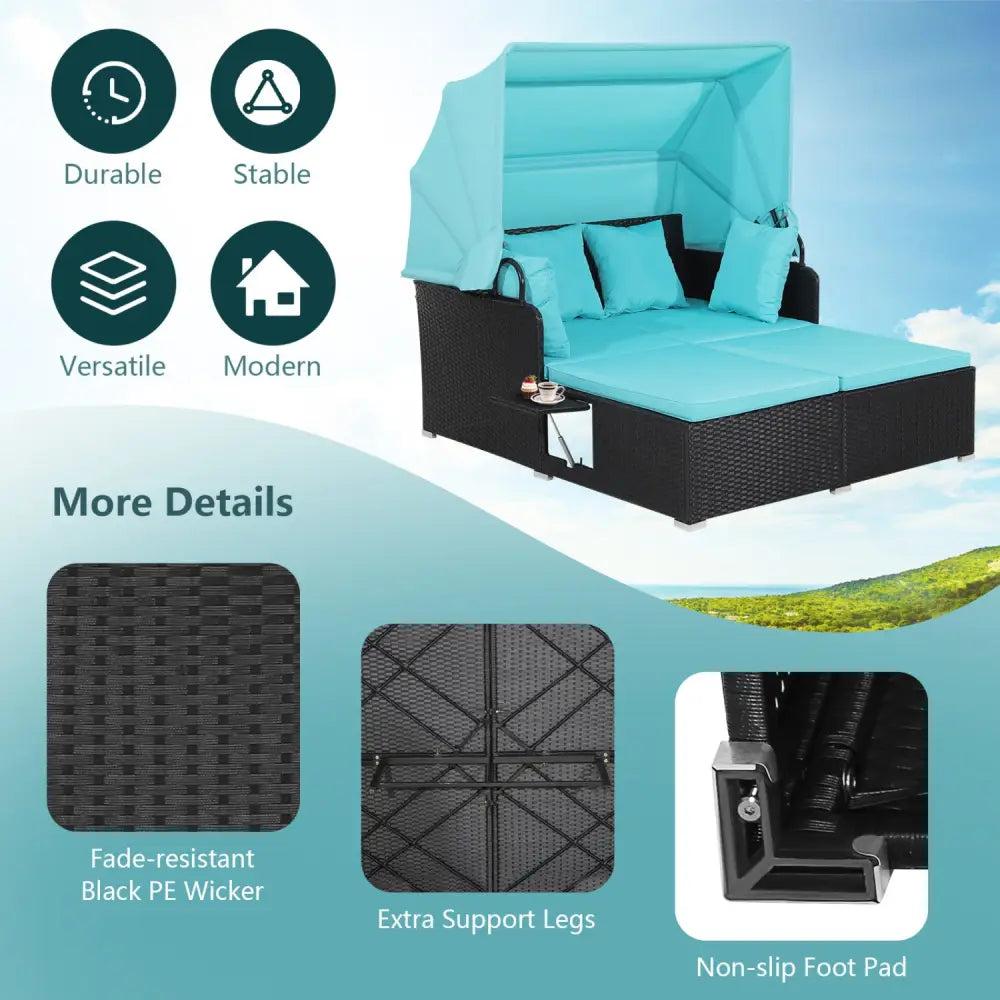 Patio Rattan Daybed with Retractable Canopy and Side Tables-Turquoise - Turquoise - Outdoor Sectionals