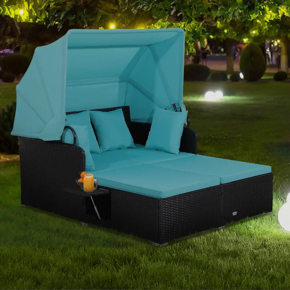 Patio Rattan Daybed with Retractable Canopy and Side Tables-Turquoise - Turquoise - Outdoor Sectionals