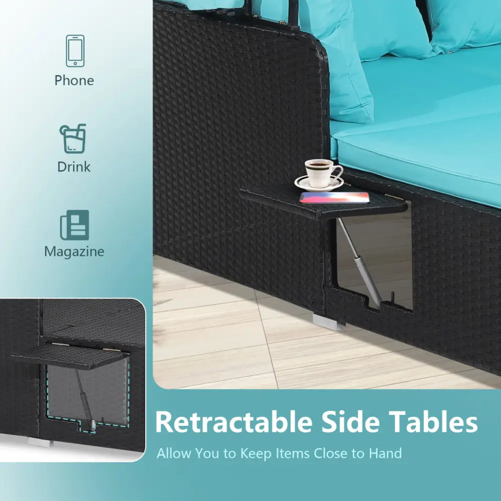 Patio Rattan Daybed with Retractable Canopy and Side Tables-Turquoise - Turquoise - Outdoor Sectionals