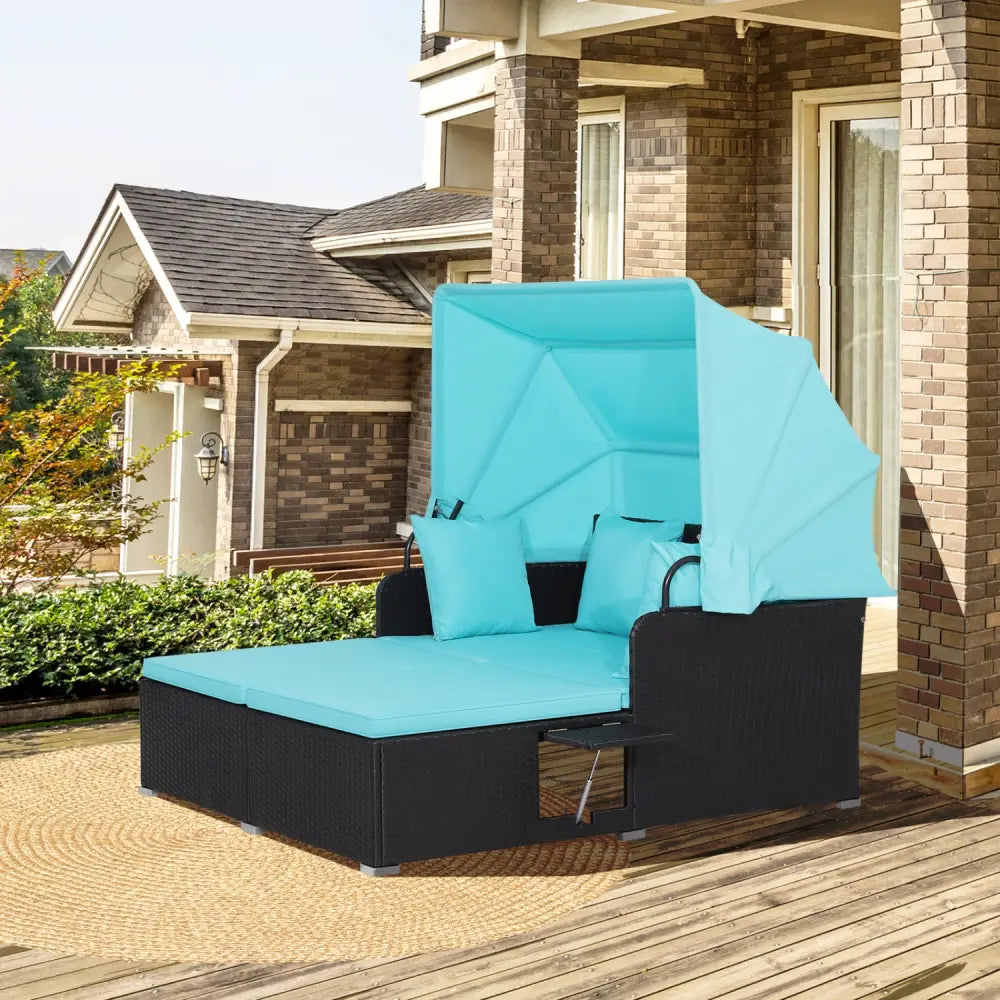 Patio Rattan Daybed with Retractable Canopy and Side Tables-Turquoise - Turquoise - Outdoor Sectionals