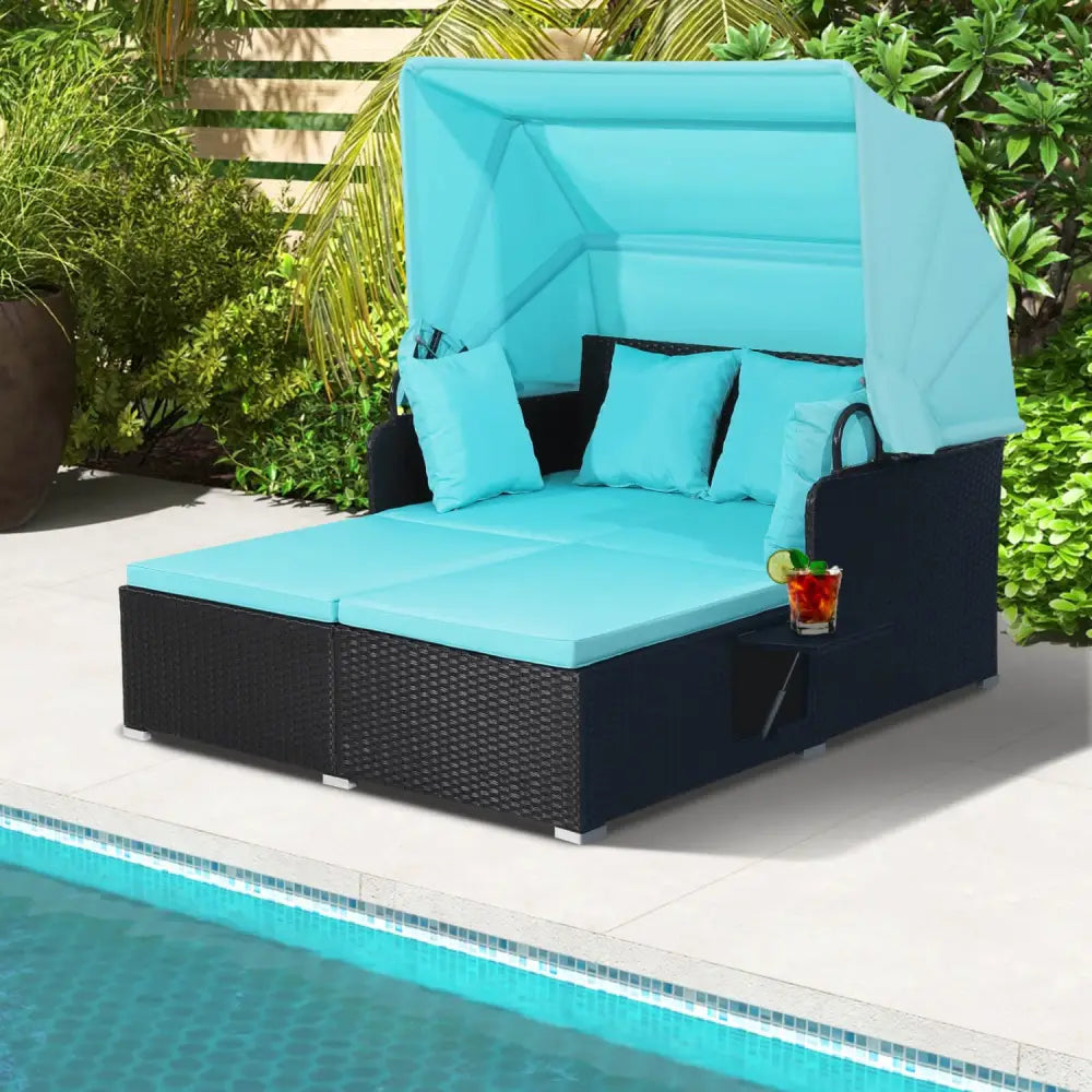 Patio Rattan Daybed with Retractable Canopy and Side Tables-Turquoise - Turquoise - Outdoor Sectionals
