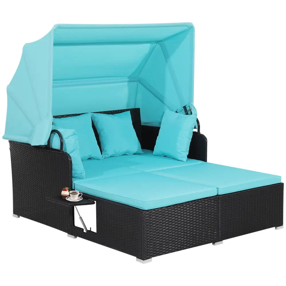 Patio Rattan Daybed with Retractable Canopy and Side Tables-Turquoise - Turquoise - Outdoor Sectionals