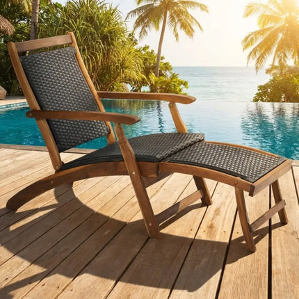 Patio Rattan Folding Lounge Chair with Acacia Wooden Frame Retractable Footrest - Brown - Outdoor Chaise Lounges