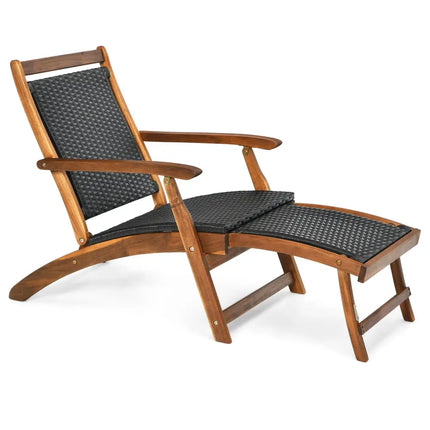 Patio Rattan Folding Lounge Chair with Acacia Wooden Frame Retractable Footrest - Brown - Outdoor Chaise Lounges