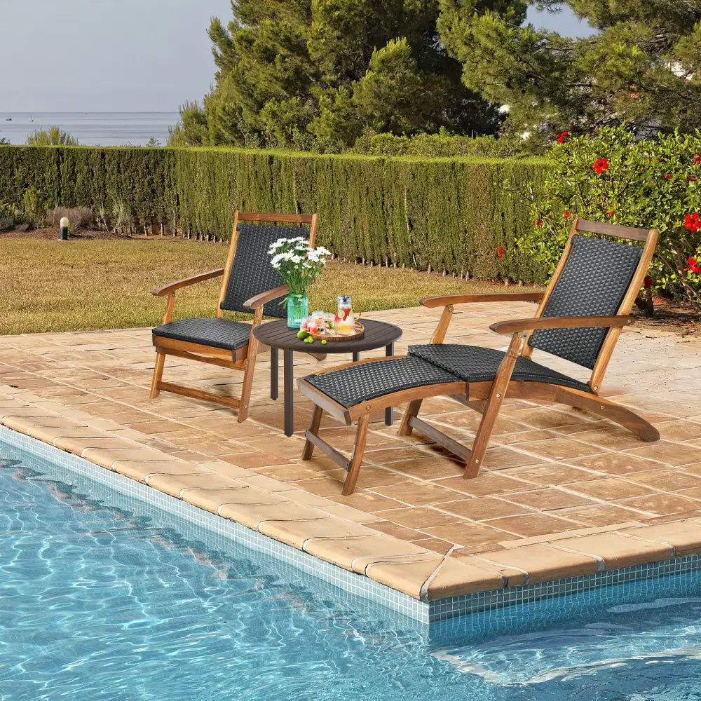 Patio Rattan Folding Lounge Chair with Acacia Wooden Frame Retractable Footrest Set of 2 - Brown - Outdoor Chaise