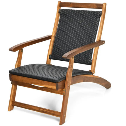 Patio Rattan Folding Lounge Chair with Acacia Wooden Frame Retractable Footrest - Brown - Outdoor Chaise Lounges