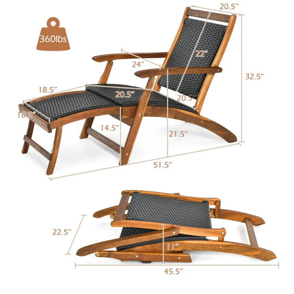 Patio Rattan Folding Lounge Chair with Acacia Wooden Frame Retractable Footrest - Brown - Outdoor Chaise Lounges