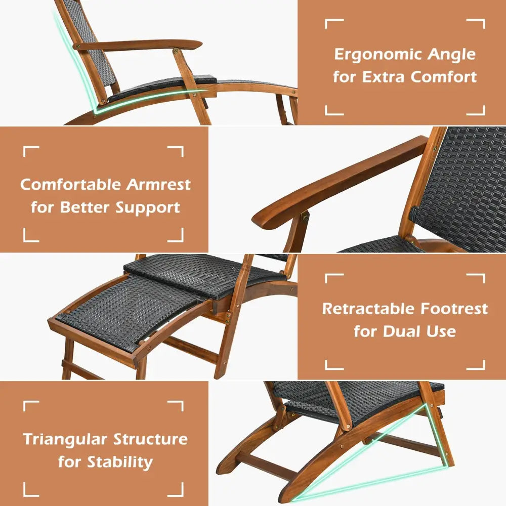 Patio Rattan Folding Lounge Chair with Acacia Wooden Frame Retractable Footrest Set of 2 - Brown - Outdoor Chaise