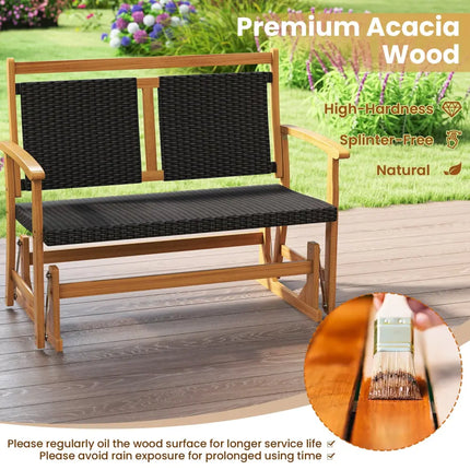 Patio Rattan Glider Bench for 2 with Acacia Wood Frame and Wicker Seat Back - Brown - Patio Rocking Chairs & Gliders