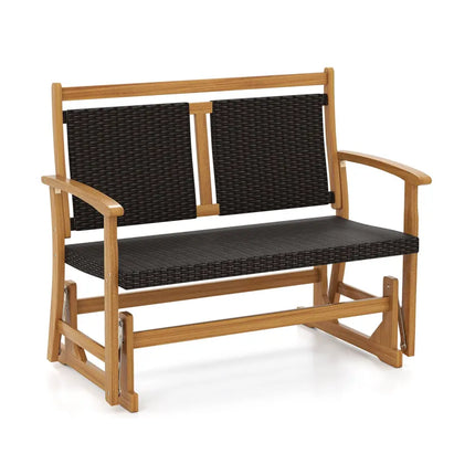 Patio Rattan Glider Bench for 2 with Acacia Wood Frame and Wicker Seat Back - Brown - Patio Rocking Chairs & Gliders
