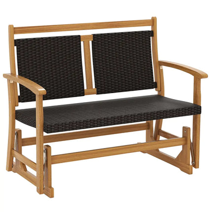Patio Rattan Glider Bench for 2 with Acacia Wood Frame and Wicker Seat Back - Brown - Patio Rocking Chairs & Gliders
