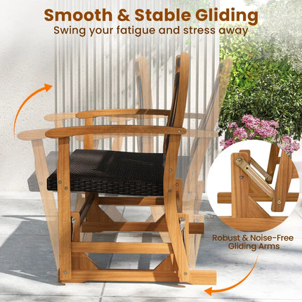 Patio Rattan Glider Bench for 2 with Acacia Wood Frame and Wicker Seat Back - Brown - Patio Rocking Chairs & Gliders