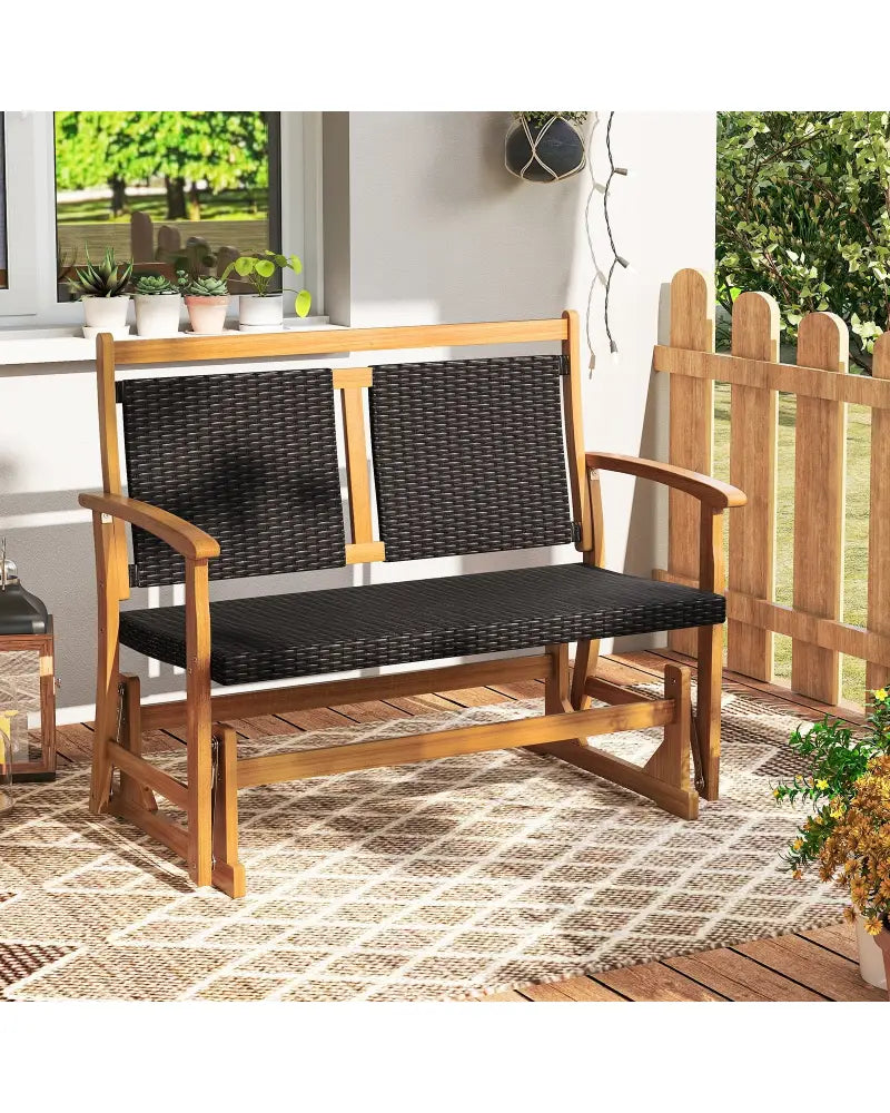 Patio Rattan Glider Bench for 2 with Acacia Wood Frame and Wicker Seat Back - Brown - Patio Rocking Chairs & Gliders