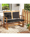 Patio Rattan Glider Bench for 2 with Acacia Wood Frame and Wicker Seat Back - Brown - Patio Rocking Chairs & Gliders