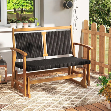 Patio Rattan Glider Bench for 2 with Acacia Wood Frame and Wicker Seat Back - Brown - Patio Rocking Chairs & Gliders