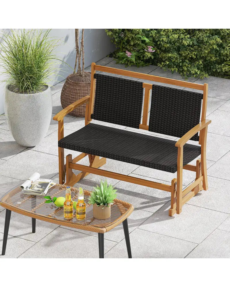 Patio Rattan Glider Bench for 2 with Acacia Wood Frame and Wicker Seat Back - Brown - Patio Rocking Chairs & Gliders